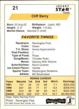 1992 Jockey Star #21 Cliff Berry Back
